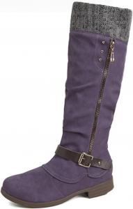 Женские сапоги до колена ретро с шнуровкой, округлым носком, из искусственной замши с нашивками, с пряжкой и боковой молнией, на низком каблуке, средние по голенищу, винтажные, удобные, теплые зимние мотоциклетные сапоги Generic, Purple