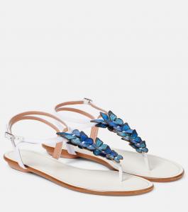 Папийон сандалии из холста с кожаной отделкой Aquazzura, White/Multi Blue