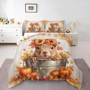 Erosebridal Комплект постельного белья Kids Fall Squirrel с осенним принтом из листьев и тыкв в стиле фермерского дома, Orange Yellow