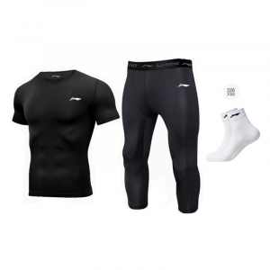 Мужской спортивный костюм Li Ning с круглым вырезом, умеренный крой., черный short-sleeved+черный capri pants with li-ning socks 1 pack