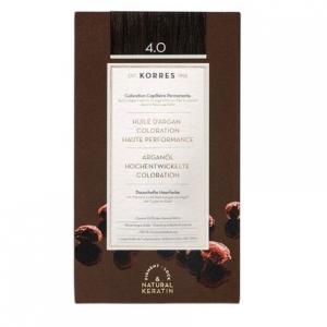 Краска для волос с аргановым маслом, без аммиака, средне-коричневый 4,0, 100% покрытие седины и веганство для стойкого результата цвета., Korres