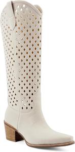 Ковбойские ботфорты с вырезами до колена, массивный каблук, западный стиль, высокие сапоги для женщин, заостренный носок, модные винтажные длинные ботильоны, на молнии POYOIOR, Beige