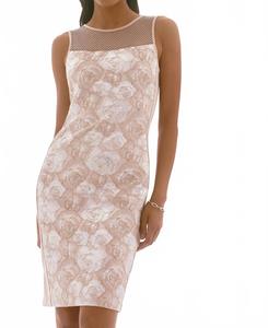 Платье миди с сетчатой вставкой и цветочным декором в бежево-серебристом цвете Joseph Ribkoff
