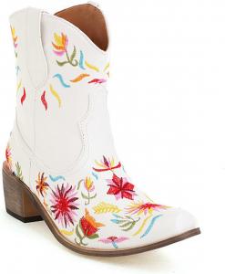 Женские вышитые ботинки VULTRO на щиколотке в стиле ковбой с массивным каблуком и круглым носком, White