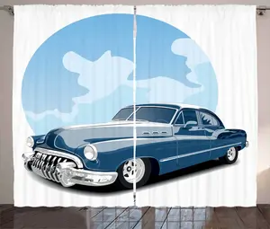 Шторы ABAKUHAUS Rustic Car Curtain, винтажный автомобиль старой школы, универсальные ленточные шторы для гостиной с петлями и крючками, 280 x 175 см, сине-голубой, черный Abakuhaus