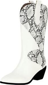 Уникальные женские ковбойские ботильоны в западном стиле с широким голенищем, массивным каблуком, заостренным носком, на молнии, с узором под питона, модные зимние обувь Uniquelly, White