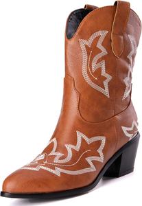 Женские ковбойские сапоги Alsoloveu, западные ботильоны с вышивкой, ковбойские сапоги средней высоты, с острым носком, на среднем каблуке, Light Brown