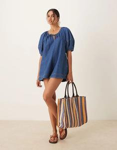 Мягкий джинсовый комбинезон ASOS DESIGN с рукавами-фонариками темно-синего цвета