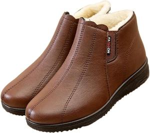 Женские кожаные плоские комфортные ботинки, хлопковые ботильоны с боковой молнией, теплые удобные ботинки, водонепроницаемые, противоскользящие, снежные ботинки Generic, Brown