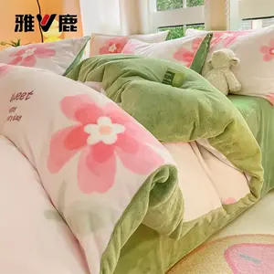 Yalu Комплект постельного белья из молочного вельвета, 180х220 см, 4 предмета, утолщенный флис, быстрый нагрев