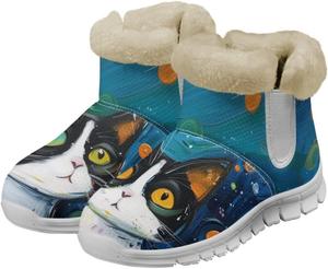 JoyLamoria мультяшные зимние сапоги Санта-Клауса для женщин, утепленные зимние ботильоны с меховой подкладкой для Рождества, кроссовки для прогулок, легкие нескользящие сапоги средней высоты, Cat Oil Painting