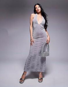 Платье макси с глубоким вырезом на шее ASOS DESIGN серебристого цвета