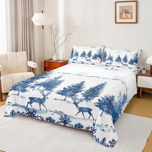 Erosebridal Комплект постельного белья с новогодним принтом оленей и снежинок, White Blue
