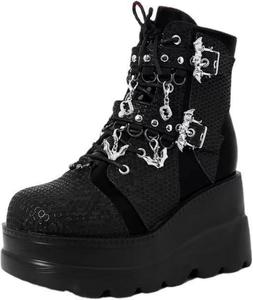 Женские боевые ботинки на высоком каблуке с квадратным носком, шнуровкой и молнией, высокие ботинки на танкетке с массивной подошвой, ботинки до щиколотки для женщин FOBOINED, Black-20