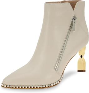 Женские модные ботильоны YDN с заклепками, зауженный носок, закрытые, на молнии, с металлическим декором, массивным средним каблуком, для шопинга, вечеринок и повседневной носки, размеры 4-16 US, Beige