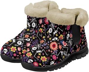 Женские зимние ботинки Jeiento Sugar Skull с цветами, пушистые, утепленные, с нескользящей подошвой, Skeleton Floral
