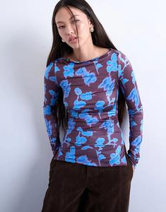 Лонгслив Topshop с абстрактным цветочным принтом и длинными рукавами, с разрезом по вороту, синего цвета