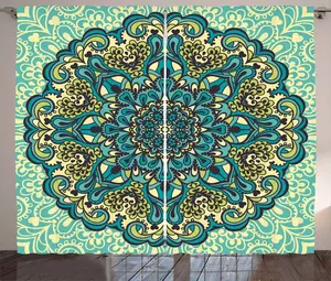 Штора ABAKUHAUS в этническом деревенском стиле с ярким абстрактным цветочным рисунком, для спальни, со сборками, петлями и крючками, 280 x 225 см, светло-желто-бирюзовый цвет Abakuhaus