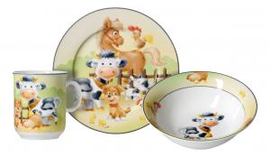 Детский столовый сервиз, фарфор, 3 предмета, с изображением сельскохозяйственных животных Ritzenhoff Breker, коричневый/зеленый/белый/черный