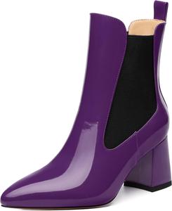 Женские ботильоны с высоким массивным каблуком, заостренным носком, из лакированной кожи, элегантные классические модные короткие ботинки на осень-зиму, каблук 2,5 дюйма DEMOSHINE, Purple