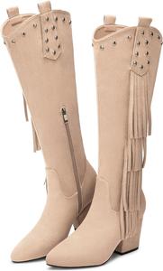 Женские сапоги до колена: удобные массивные сапоги на устойчивом каблуке с боковой молнией, заостренным носком и замшевой бахромой, для осени и зимы Diarilip, Beige