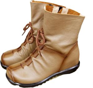 Женские ботинки из натуральной кожи без каблука с боковой молнией, бохо, повседневные мягкие плоские ботильоны, средневековые ботинки, ручная работа Generic, Khaki - Plush