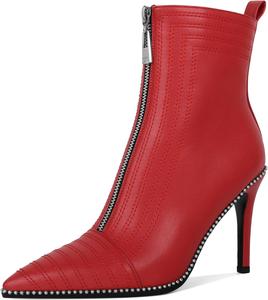 Женские модные ботильоны AUMOTED с заостренным носком, сексуальные на молнии, с украшением из бисера, вечеринка, вышивка, на высоком каблуке 3,7 дюйма, Matte Red