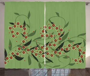 Штора ABAKUHAUS с деревенским цветочным рисунком, ретро-штора с цветочным рисунком, присборенная штора для спальни с петлями и крючками, 280 x 245 см, оливково-зеленый, красный Abakuhaus