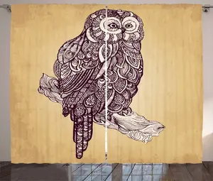 Штора ABAKUHAUS "Сова в деревенском стиле", винтажный стиль, универсальная ленточная штора для гостиной с петлями и крючками, 280 x 175 см, цвет: коричневый, серый, белый Abakuhaus