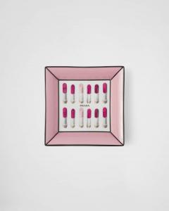 Большой квадратный фарфоровый поднос для хранения - "Губная помада" Prada, белый/бледно-розовый