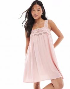 Платье-мини из хлопчатобумажной ткани Miss Selfridge Petite с кружевной отделкой в ​​пыльно-розовом цвете