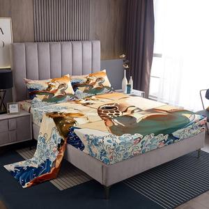 Erosebridal Комплект постельного белья Funny Anime с корги и морскими черепахами в японском стиле сакуры, Navy Beige Brown