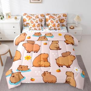 Erosebridal Комплект постельного белья Cartoon Capybara с комфортером, простыней и наволочками, дачный фруктовый принт, Pink Brown