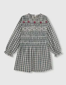 Девичье платье в клетку с вышивкой Gocco, темно-зеленый