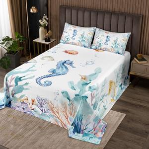 Erosebridal Комплект постельного белья Teal Beach Kids Blue Ocean Quilt Set Coastal Seahorse Quilted для мальчиков девочек подростков в морском стиле с животными, Blue Teal Beige