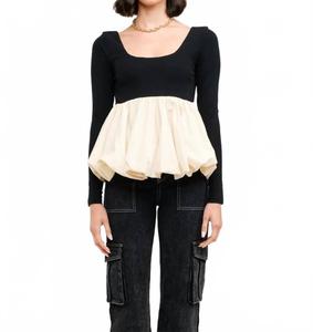 Черно-натуральный топ с пышной кокеткой и длинными рукавами Sofie the Label