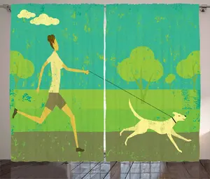 Штора для спальни ABAKUHAUS "Собака в деревенском стиле", "Женщина с питомцем на прогулке", присборенная, с петлями и крючками, 280 x 225 см, серо-зеленый Abakuhaus