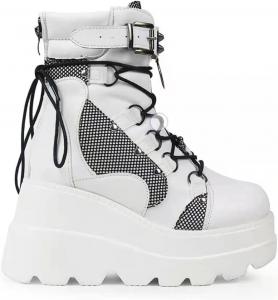 Женские ботинки BORAMAX в готическом стиле с платформой и клиновидным каблуком, массивным низким блок-каблуком, шнуровкой и молнией, панк/мото-ботинки, White