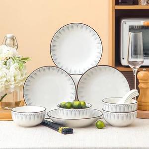 Ceramics Керамический набор посуды из чаш и тарелок в японском стиле с подглазурной росписью, комплект на 4 персоны, 16 предметов, синие линии