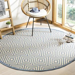 Ковер SAFAVIEH, 201 x 201 см, Linden Collection Cream/Blue LND173N геометрический для помещений и улицы без линьки легко чистится для патио, заднего двора, крыльца, террасы, прихожей