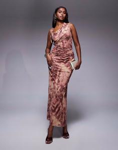 Платье макси ASOS DEISGN с сетчатым принтом на одно плечо и драпировкой, с анималистичным цветочным принтом ASOS DESIGN