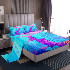 Erosebridal Комплект постельного белья Girls Mermaid с принтом рыбьей чешуи в бирюзовом цвете, подводный мир с морскими звездами, Multi 3
