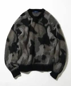 Вязаный пуловер из мохеровой смеси с камуфляжным жаккардовым узором и круглым вырезом, модель 25AW