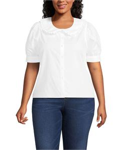 Рубашка большого размера из хлопка с пышными рукавами и эффектным воротником Lands' End, White