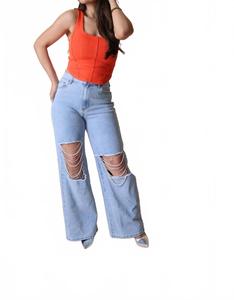 Джинсы Miss Love Wide Leg с жемчугом и стразами, светло-синяя отделка Blue B, Light Wash