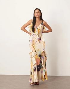 Платье-комбинация ARRANGE с оборками и косым кроем юбки с размытым цветочным принтом