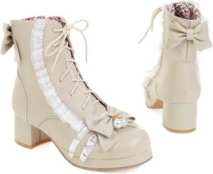 Женская обувь Elyffany, модные ботильоны на низком массивном каблуке с бантиком в стиле Лолита, Beige
