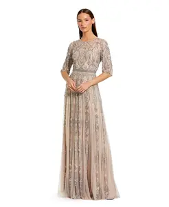 Женское бежевое платье-трапеция с 3/4 рукавом и декоративными элементами Mac Duggal