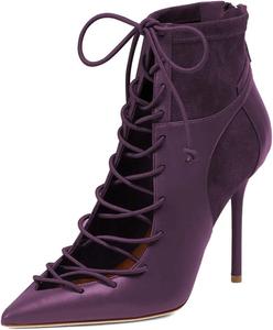 Женские модные ботильоны FYS с заостренным носком, шнуровкой, вырезами, каблуком-стилетто, короткие ботиночки с задней молнией, пэчворк, для платья, осень-лето, размеры US 4-15, Purple