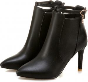 Женские ботильоны из искусственной кожи, короткие ботинки с заостренным носком, задняя молния, шпилька, средний высокий каблук, туфли для платьев WOkismD, 37 Black